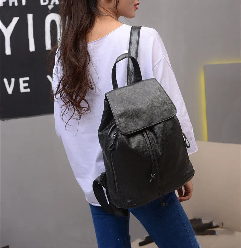 High quality top layer cowhide black backpack vintage lady hand designed backpack student bag computer bag