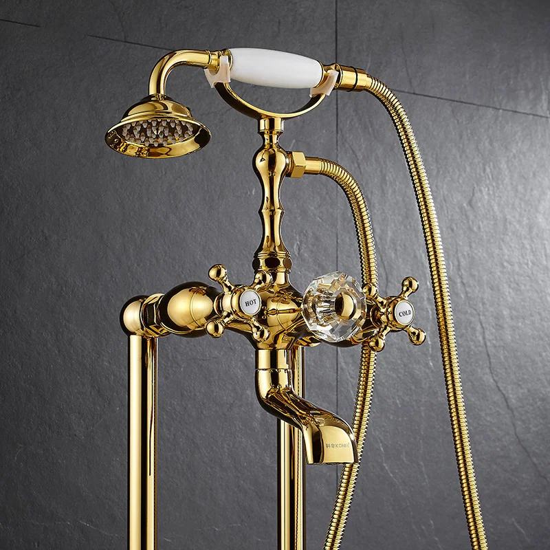 

Brass Bathtub Shower Faucet Set, Gold Bathroom Hot & Cold Mixer,Floor Standing Type with Phone Shape Handheld Tap, Double Handle