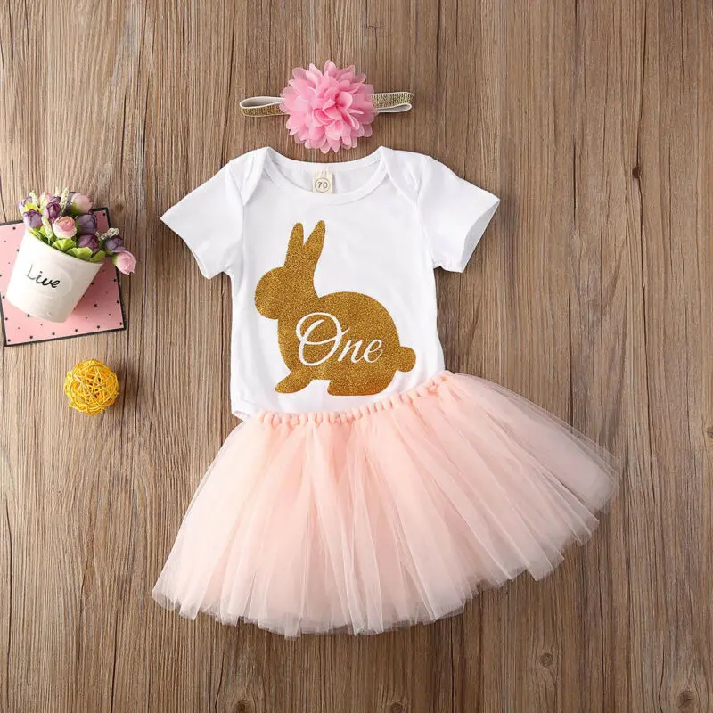 

CA 3PCS Baby Girl 1st Easter Outfit Party Rabbit Romper Cake Smash Tutu Dress