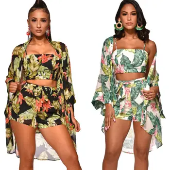 

hirigin Summer 3PCS Women Floral Sexy Crop Top Shorts Long Sleeve Floral Printed Coat Print Clubwear Ladies