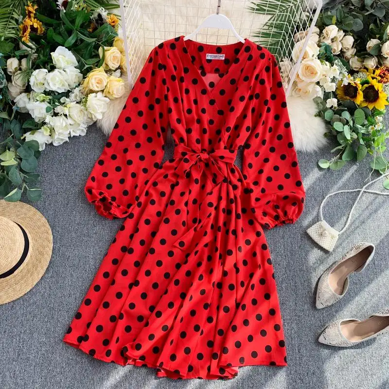 YuooMuoo Fall Korean Style Women Polka Dot Midi Dress Ins Hot Sashes Vintage Elegant Long Sleeve Green Dress Ladies Dresses