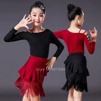 

Tassel Fringe Ballroom Pratice Split Latin Dance Dress for Kid Girl Stage Performance Professional Sumba Red Black Leotard Skirt