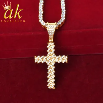 

Mini Baguette Cross Pendant Necklace With 4mm Tennis Chain Gold Color AAA Cubic Zircon Men's Women Hip hop Rock Jewelry