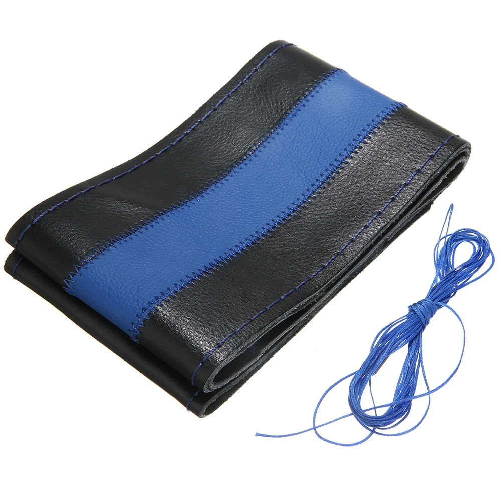 1PC Black+Blue DIY Car Steering Wheel Cover Genuine Leather  Covering 38cm W/ Needles Thread For Auto Decorative Accessories
