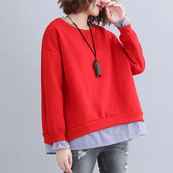 

Aulead Fake Two Piece Sweatshirts O Neck Long Sleeve Stripe Splice Ladies XL Oversized Winter Spring Chic Women Sweatshirt 50cs
