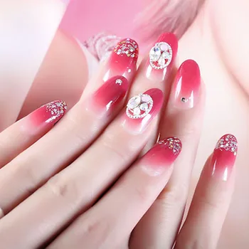 

24pcs/boxed Gouache Gradient press on Nail Patch Flashing Powder Zircon Nail Patch Removable Fake Fingernail with glue for girls