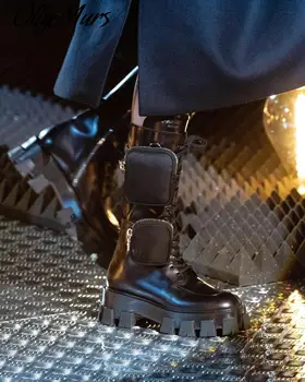 

Fashion Thick bottom mid calf long boots Women lace up Zipper with pocket Long Boots Black Winter Motorcycle boots for Woman
