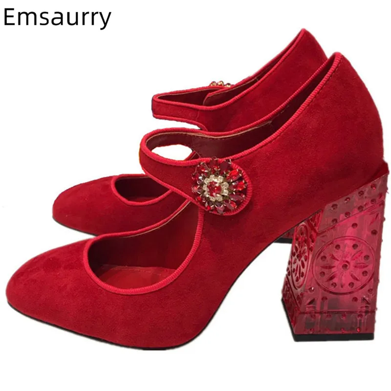 

New Coming Pumps Woman Round Toe Slim Shallow Mary Janes Zapatos Narrow Bukle Chic PVC Square High Heel Elegant Woman Pumps 43