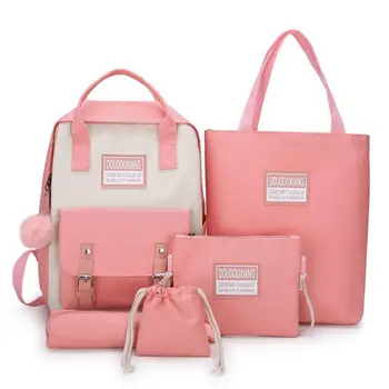 

Weysfor Vogue 5Pcs/Set Panelled Women Backpack Canvas Cat Pattern School Bag For Girl Patchwork Backpack Female Shoulder Bag