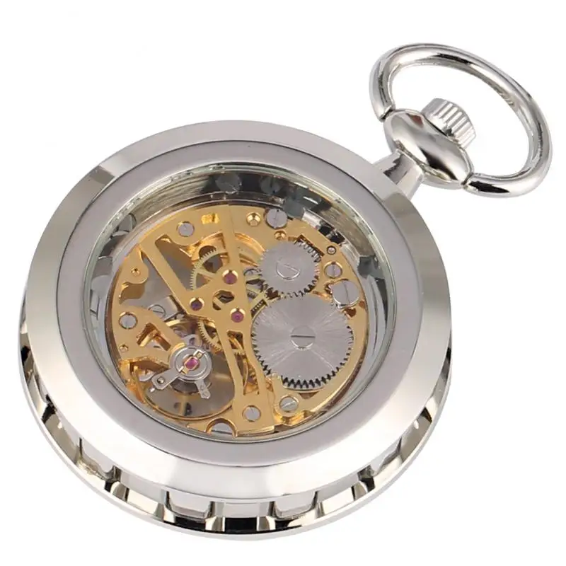 Silver Hand-winding Mechanical Pocket Watch Open Face Skeleton Hollow Retro Watches Men Women Collectable with Pendant Chain
