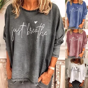 

Wepbel Smmer Plus Size Tshirts Women Solid Color Tops Hot-Selling Long-Sleeved Loose Round Neck Printed Top T-shirt Female