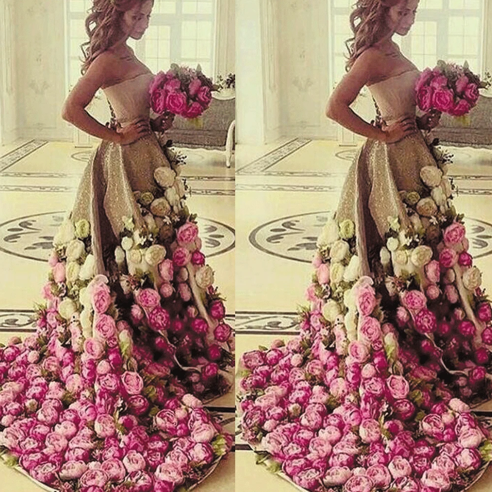 

SuperKimJo Abendkleider, Золотое женское бальное платье с цветами ручной работы, без бретелек, элегантные пышные платья для женщин