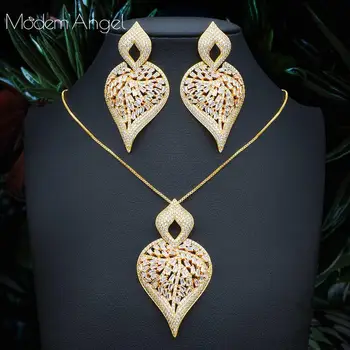 

ModemAngel Luxury heart Cubic Zirconia Crystal Long Drop Earring Necklace Vintage Jewelry Set for Women