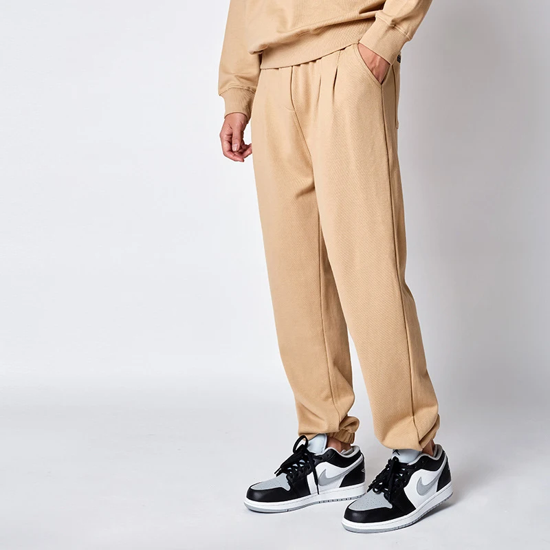 

98012 Autumn Men Sweatpants Heavy Weight 360g Premium Cotton Khaki Tie Feet Casual Sport Comfortable Simple Daily Youth Trousers