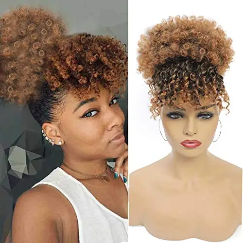 

Kong&Li Afro Kinky Curly Postiche afro Puff Drawstring Ponytail With Bangs Synthetic Bun Chignon Clip African Hair Extension