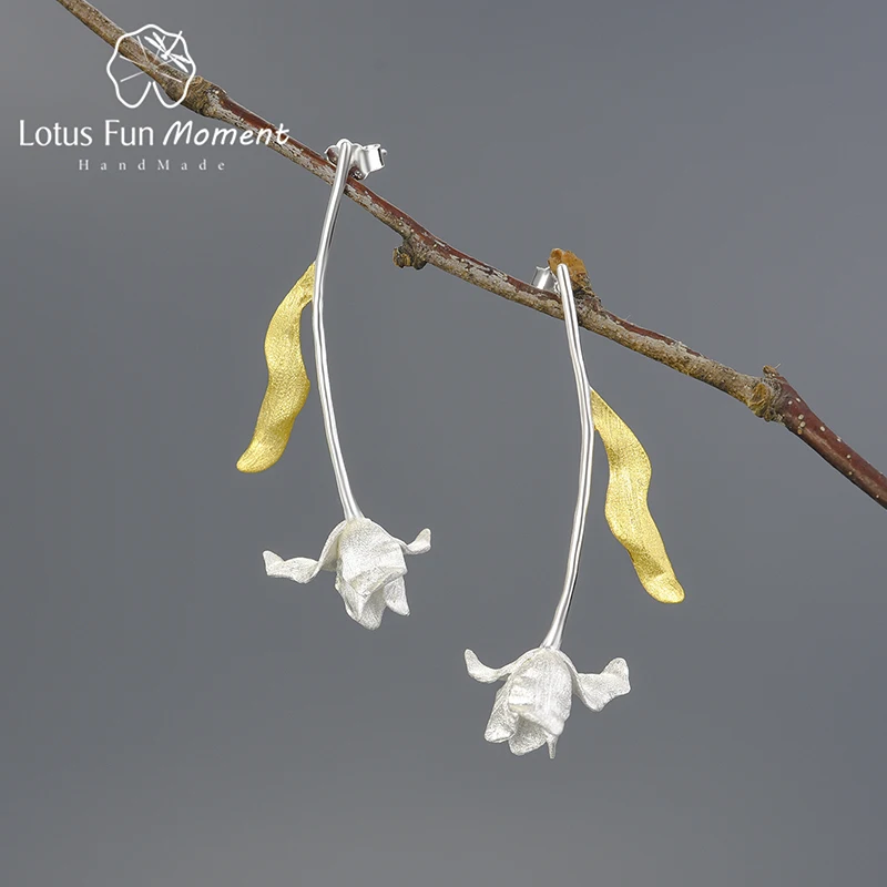 

Lotus Fun Moment Elegant Tulip Blossom Long Leaves and Flower Dangle Earrings For Women 925 Sterling Silver 18K Gold Jewelry