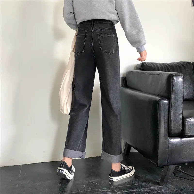Джинсы женские темно-серые винтажные длинные джинсовые брюки женские прямые с высокой талией простые элегантные универсальные повседневные женские шикарные