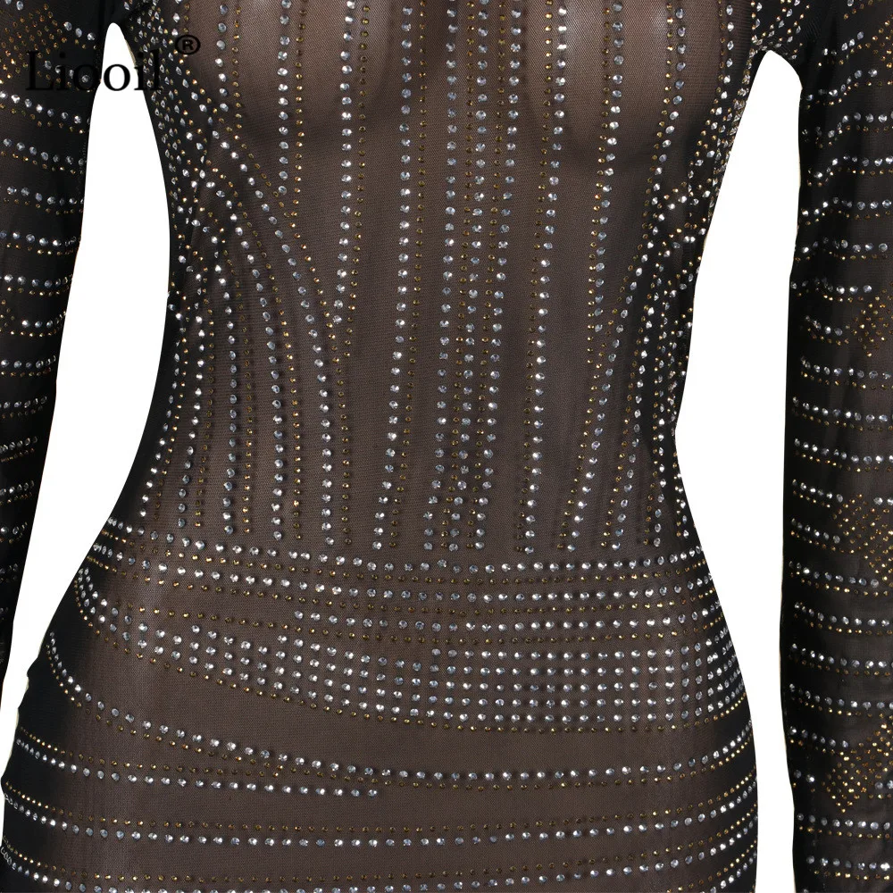 Liooil Rhinestone Mesh Bodycon Mini Dress Sexy Club Wear Long Sleeve O Neck See Through Black Tight Dresses Woman Party Night