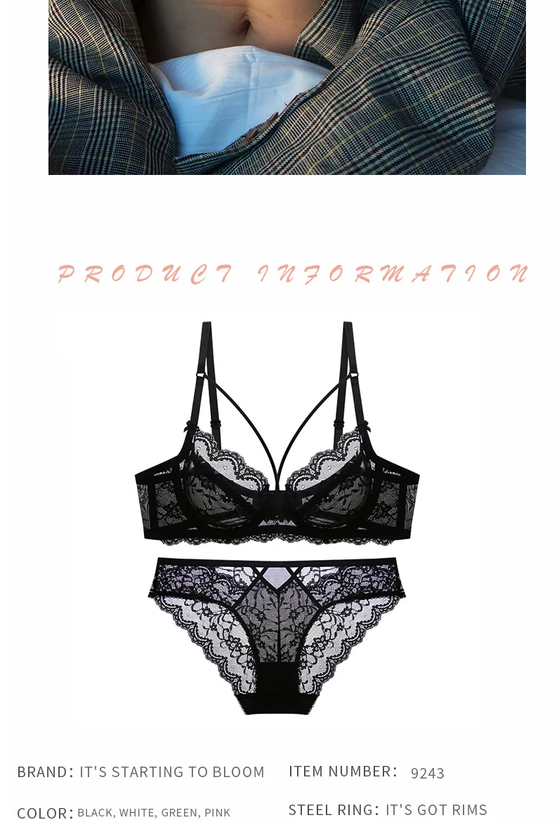 Ultra-thin hollow lace sexy bra and panty set large size C D E cup underwear transparent ladies bra lace bra and panty sets