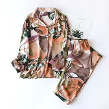 Primavera/Verano 2020 nuevo 100% viscosa de manga larga Pantalones mujer traje de pijamas estilo simple Pijamas largos de las mujeres de la casa de servicio