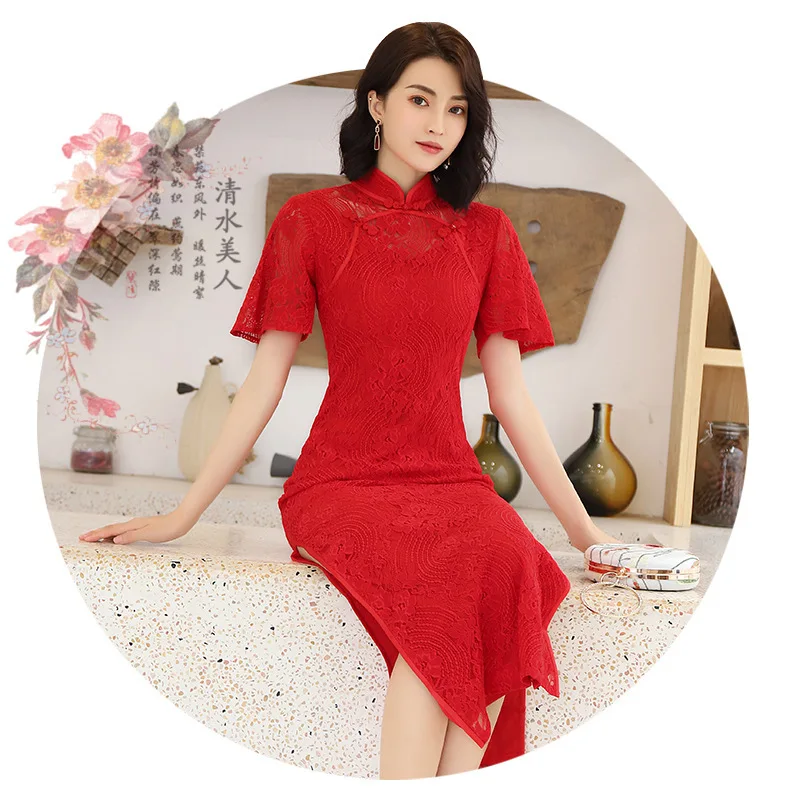 Sheng Coco китайское красное свадебное Qipao кружевное Яркое Красное тонкое длинное платье Cheongsam для невесты Одежда для тостов восточные платья