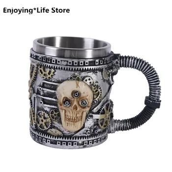 

Coffee Mug Resin Skull Beer Mug Stainless Steel Cup Wine Cup Halloween Bar Decoration Home Wine Glass Tea Cup