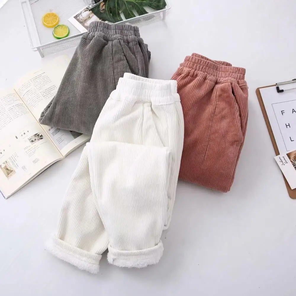 

Winter literary solid color elastic waist plus velvet warm corduroy casual trousers female
