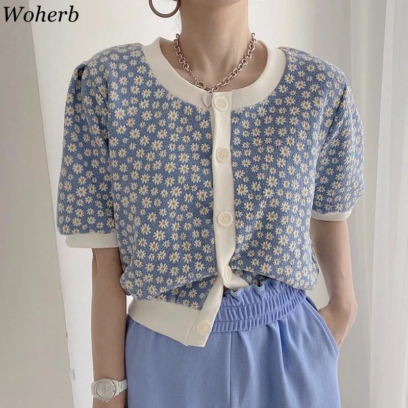 Woherb-cárdigan de punto fino con estampado Floral para mujer, suéter Causal de manga corta abombada con cuello redondo, prendas de punto coreanas, novedad de 2021