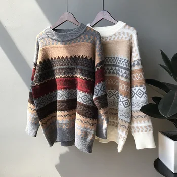 

2019 New Autumn Winter Geometric Print O Neck Pullovers Sweaters All-match Vintage Female Long Sleeve Lazy Knitting Top