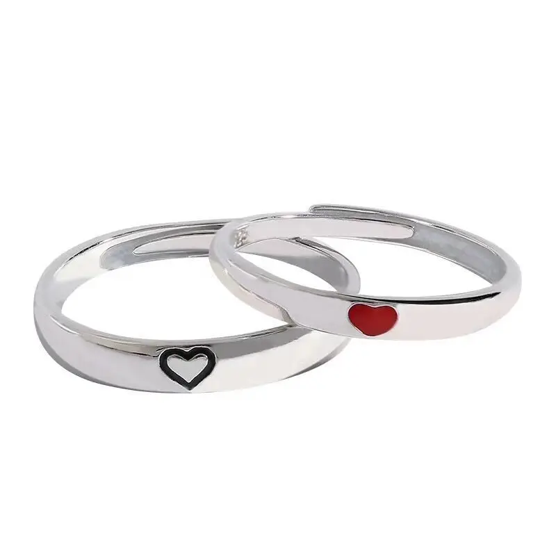 925 Sterling Silver Red Heart-Shaped Opening Couple Ring Fashion Trend Creative High-Quality Jewelry Lover Commemorative Gift | Украшения и