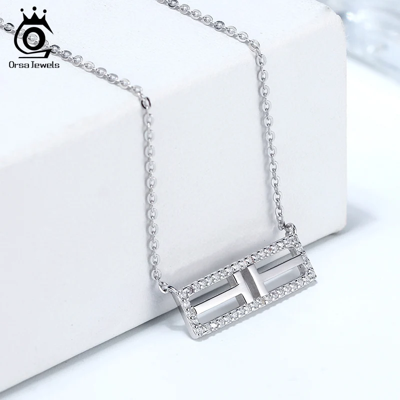 ORSA JEWELS Настоящее 925 женское ожерелье с прямоугольной подвеской из стерлингового серебра AAAA Циркон короткое ожерелье модное хорошее ювелирное изделие SN186