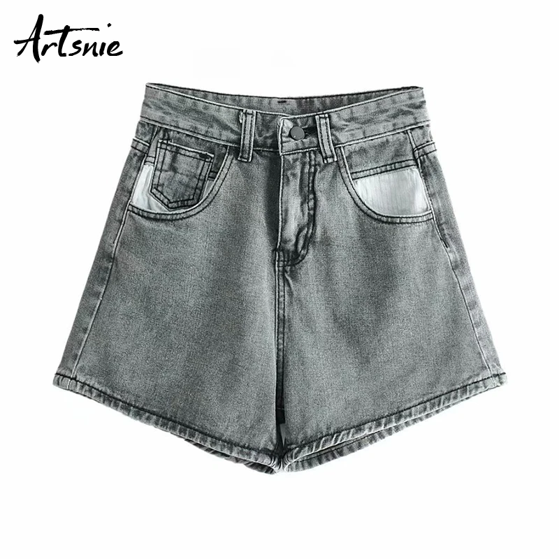 

Artsnie black gray casual loose denim shorts women autumn 2019 high waist zipper pockets shorts jeans boyfriend flare shorts