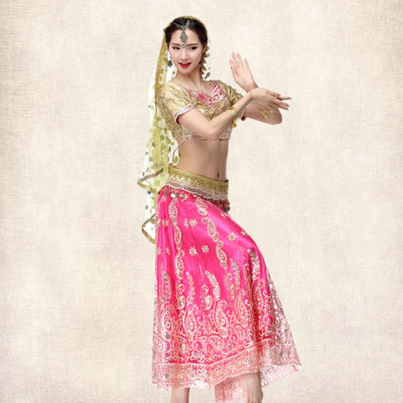 Танец живота Болливуд костюм индийские платья для женщин танцевальный костюм топы представление вуали 4 шт. Комплект Топ пояс Юбка Сари - Цвет: Черный