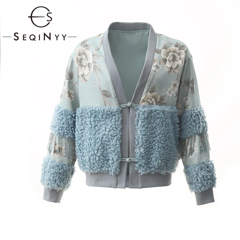 

SEQINYY High Quality Jacket 2020 Early Autumn New Fashion Design Women Beading V-Neck Long Sleeve Jacquard Splice Warm Jacket
