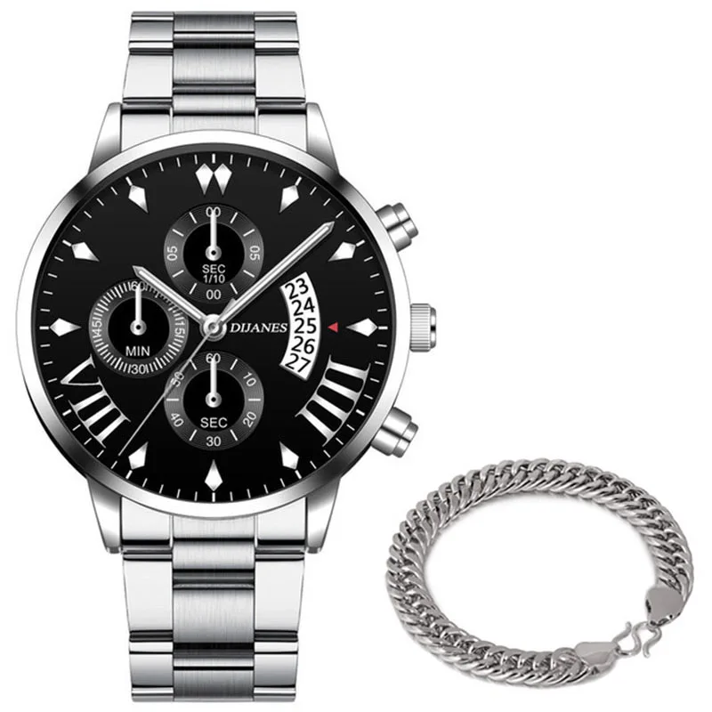 New Men Business Stainless Steel Quartz Wristwatch Fashion Mens Watches Calendar Date Clock Man Silver Bracelet Male Watch 