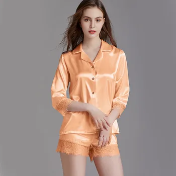 

New Summer Women Lace Sexy Satin Silk Pajamas Sets Female V-Neck Pijama With Shorts 2 Pieces Solid Color Pyjamas Women Sleepwear