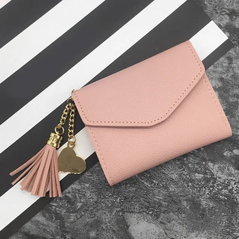 

Short Wallet Tassel PU Leather Wallets Female Heart Pendant Hasp Coin Purse Mini Bag