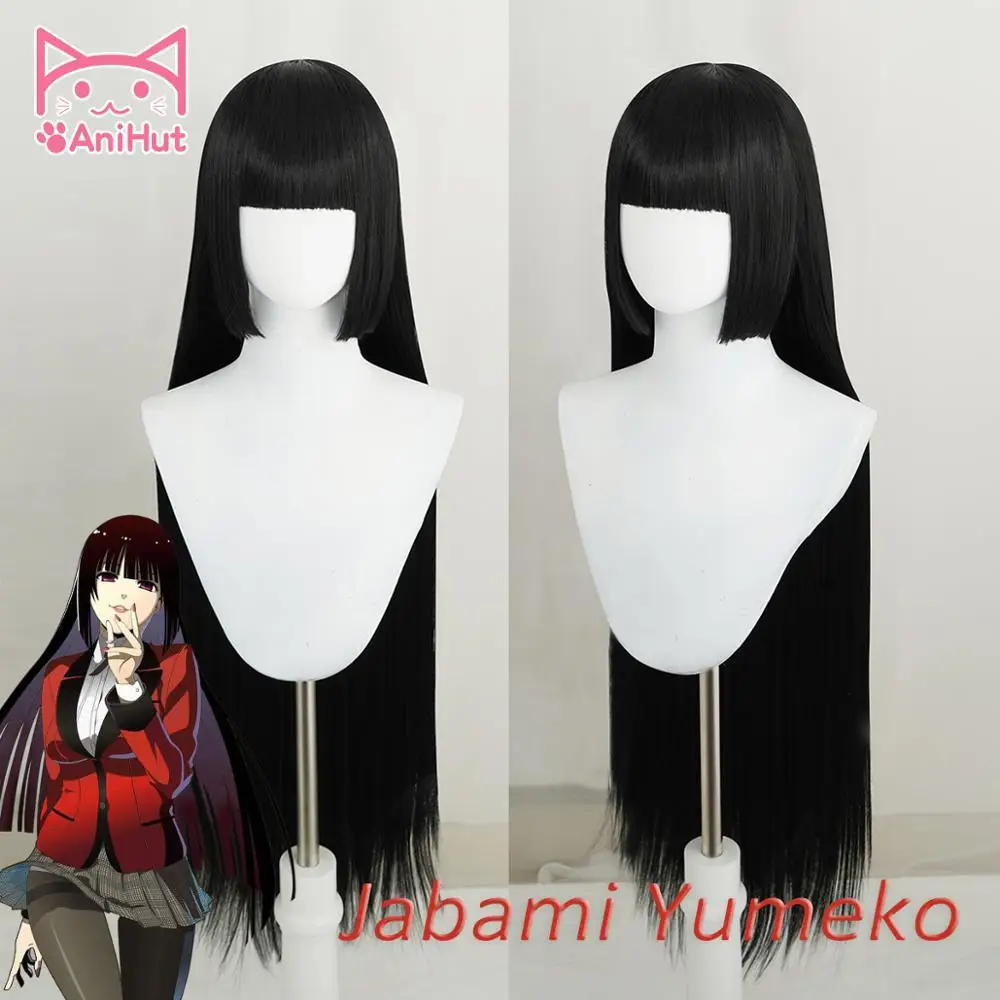 【Anihut】джабами юмеко парик Kakegurui косплей для женщин черный 100 см термостойкие