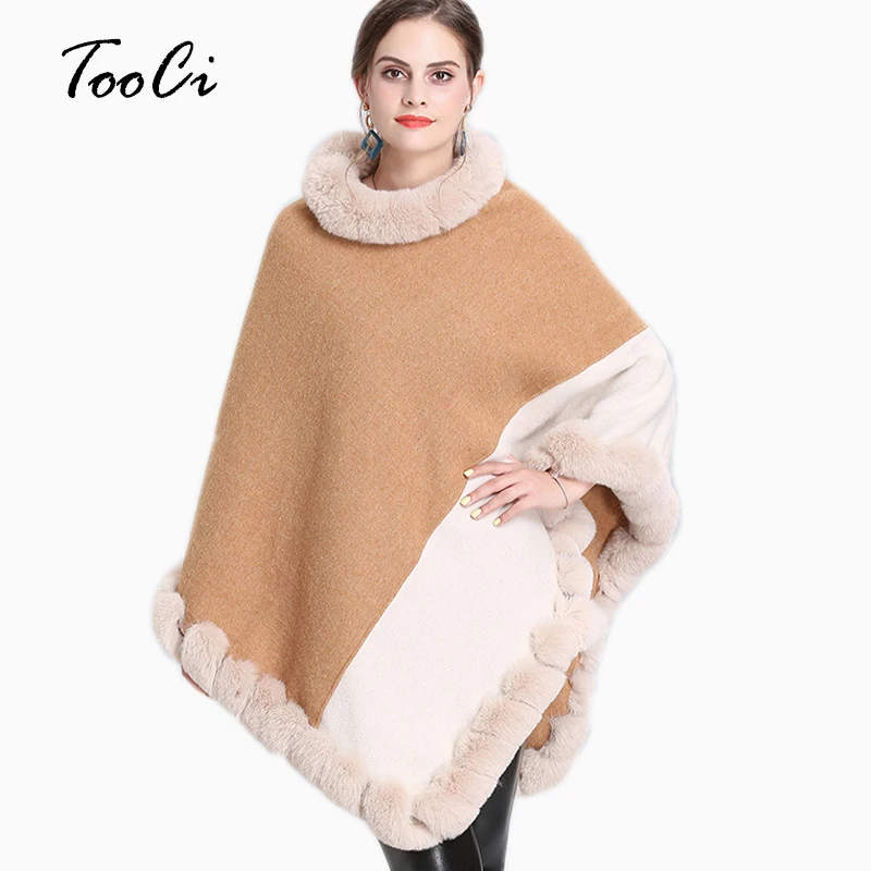 

Women Autumn Winter Faux Fur Bat Sleeve Camel Ponchos And Capes Round-Neck Knit Splice Sweater And Pullovers Faux Fur Coat