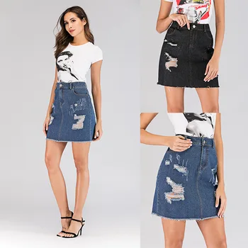 

Women's Denim Skirt 2019 Summer Washed Ripped Hole Hollow Out Tassel Frayed Sexy A Line High Waist Mini Skirt