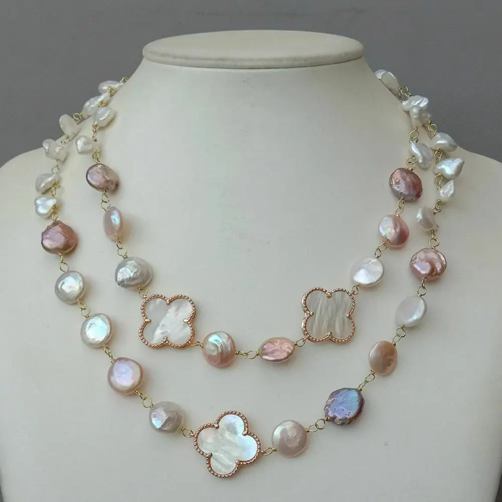 

19'' 2 Strands White Keshi Pearl Coin Pearl Mop Clover Necklace