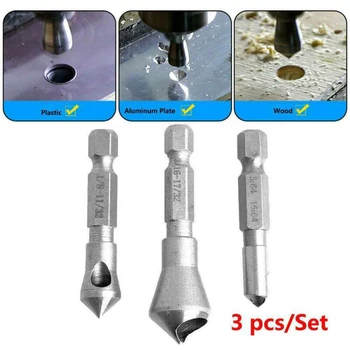

3Pcs Drill Bit Countersink Deburring Hexagonal Handle 1/4 inch High Speed Steel