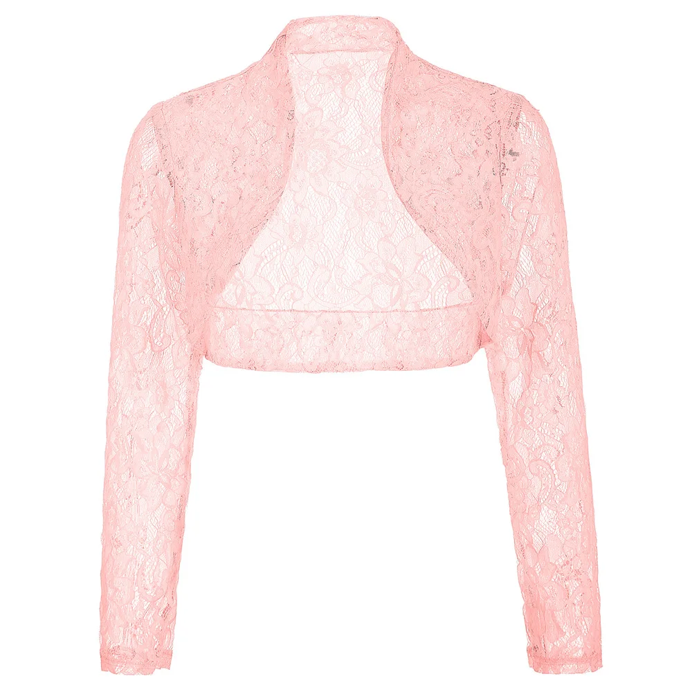 Pink Grace Karin Ретро Женская куртка с длинным рукавом укороченная кружевная Болеро топы Модные Женские однотонные куртки пальто - Цвет: Pink