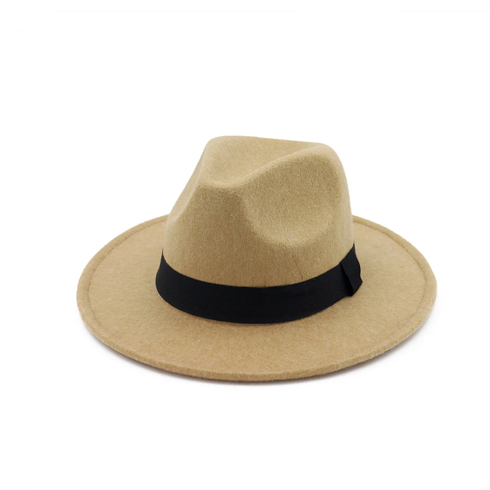 Beige Мужская и Женская шерстяная шляпа Fedora с тканевым поясом широкая шляпа элегантная женская шляпа - Цвет: Beige
