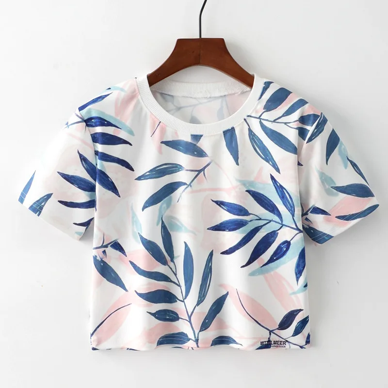 

Artguy New Spring Summer Women Fashion Short Sleeve Color Leaf Printed Cropped T shirt Crop Top Ladies Tee Harajuku Tops