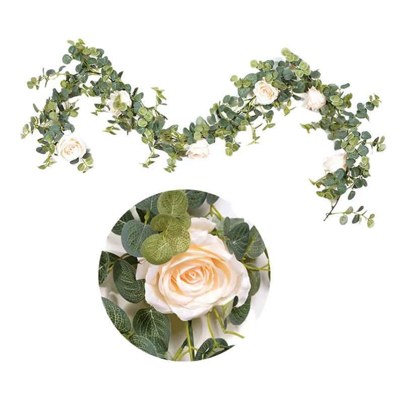 

Artificial 1.8M Eucalyptus Garland with Champagne Roses Greenery Garland Eucalyptus Leaves Wedding Backdrop Wall Decor ,Home Dec