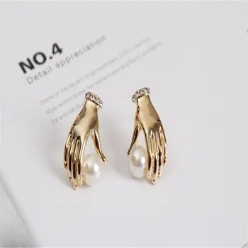 

Art Hand Palm Pearl Dangle Earrings Gold Filled Long Wedding Earring Pendant For Lady Bohemian Jewelry New
