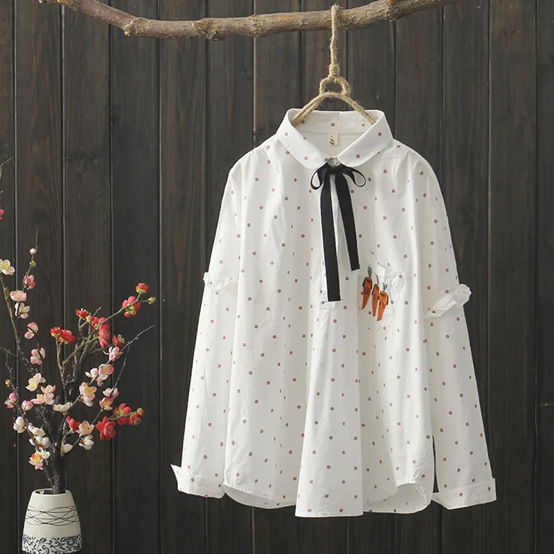 

Sweet Tie Collor Women Shirt Blouse White Kawaii Cartoon Pocket Carrot Polka Dot Tops Ruffles Long Sleeve Casual Ropa Femme