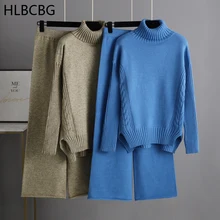 

HLBCBG Oversized Two Piece Women Knitted Tracksuits Winter Cashmere Warm Turtleneck Sweater Harem Pants 2 Piece Warm Set Outfits