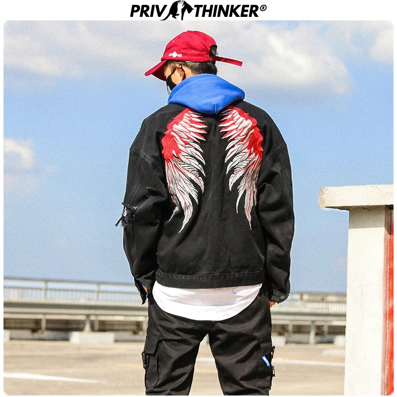 Privathinker, крылья, джинсовая куртка, Мужская, зима, Ретро стиль, черные, джинсовые куртки, мужские, корейский стиль, осень, вышивка, утолщенные куртки, пальто